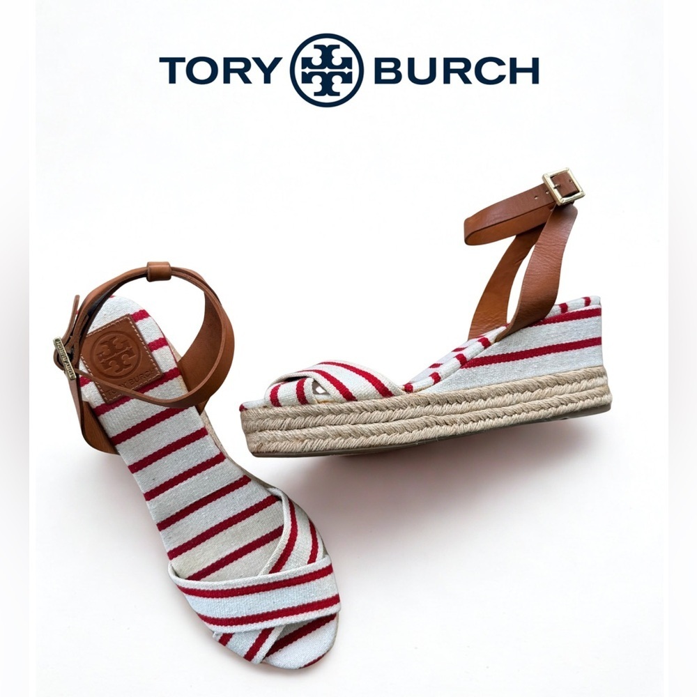 Pre❤️ TORY BURCH Striped Canvas Espadrille Wedge Sandals - Size 10